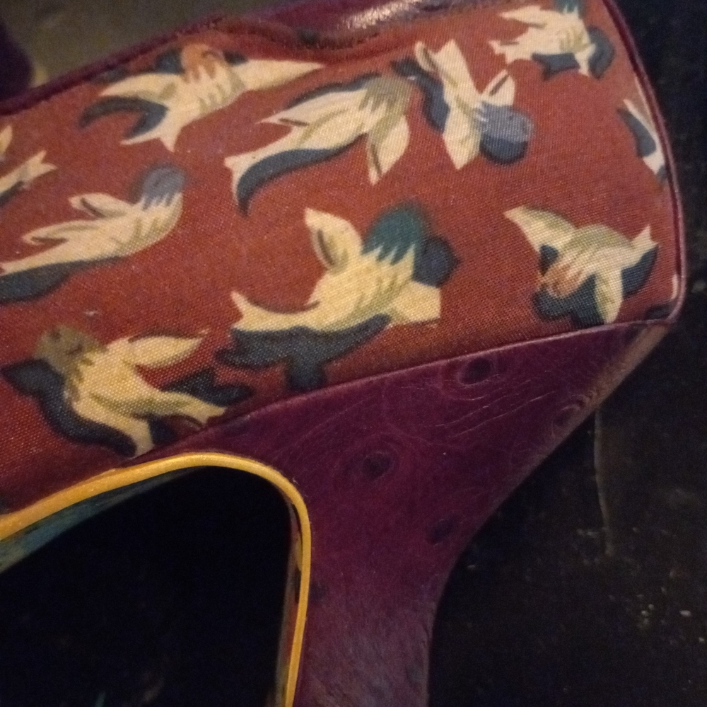 Irregular Choice Red Floral & Tan Herringbone Buckle Heels - Picture 6 of 8